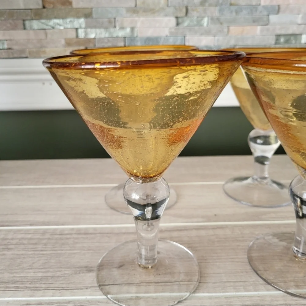 Pier 1 Amber Bubble Blown Martini Glasses Set‎ of 4